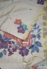 Biscut Beige & Purple - Muslin Silk Checks with Thread Weaving Pallu with Buttas - Perfect for Office Wear