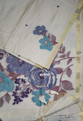 Biscut Beige & Peacock Blue - Muslin Silk Checks with Thread Weaving Pallu with Buttas - Perfect for Office Wear