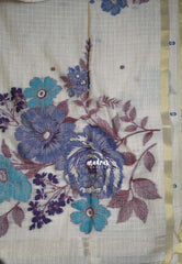 Biscut Beige & Peacock Blue - Muslin Silk Checks with Thread Weaving Pallu with Buttas - Perfect for Office Wear