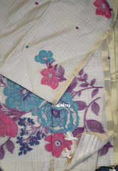 Biscut Beige & Riddish Pink - Muslin Silk Checks with Thread Weaving Pallu with Buttas - Perfect for Office Wear