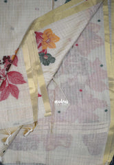 Biscut Beige & Orangish Yellow - Muslin Silk Checks with Thread Weaving Pallu with Buttas - Perfect for Office Wear