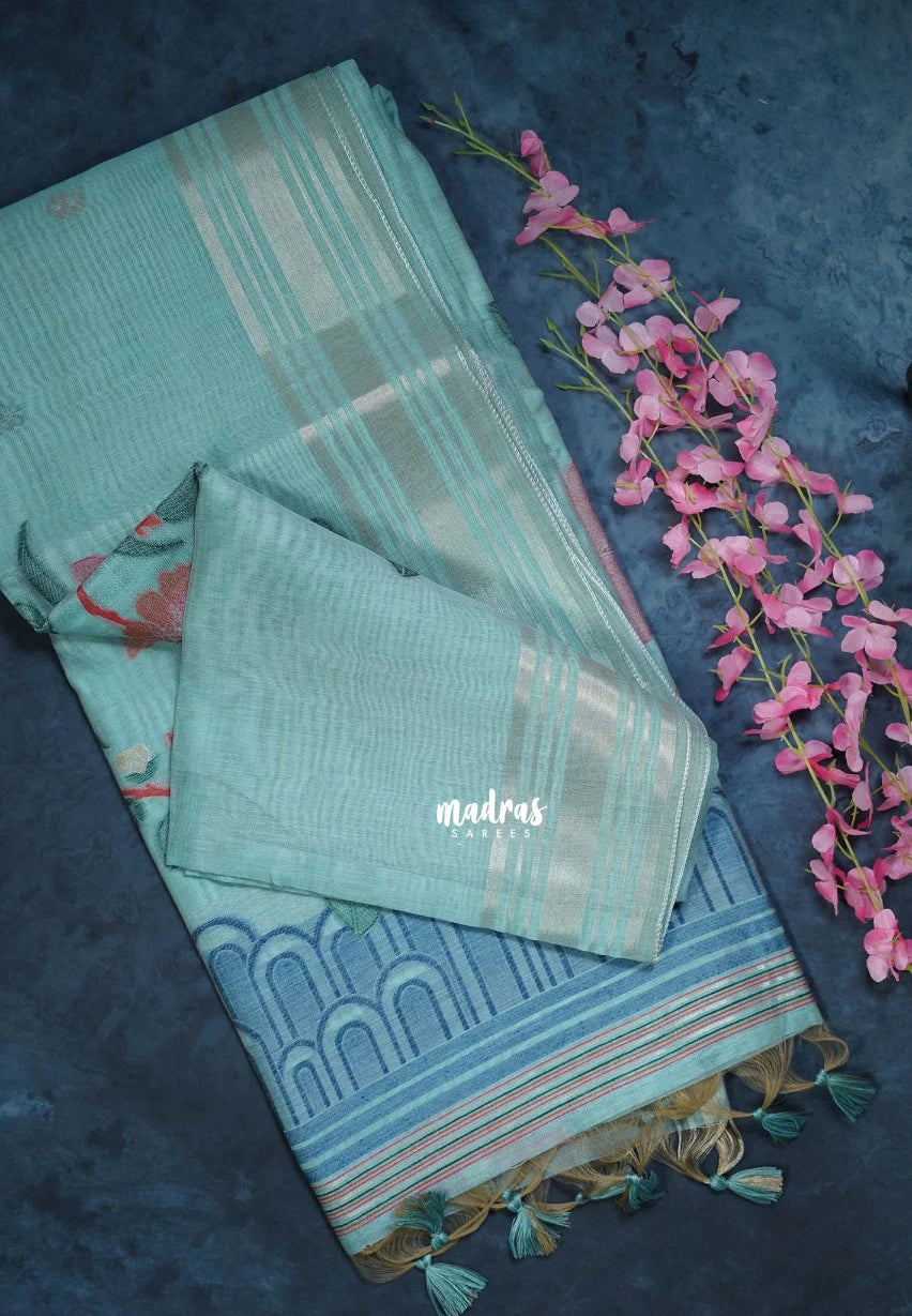 Muted Seafoam Green-D2 - Muslin Silk with Thread Weaving Pallu with Floral Buttas - Perfect for Office Wear