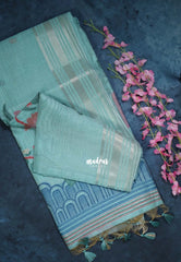 Muted Seafoam Green-D2 - Muslin Silk with Thread Weaving Pallu with Floral Buttas - Perfect for Office Wear