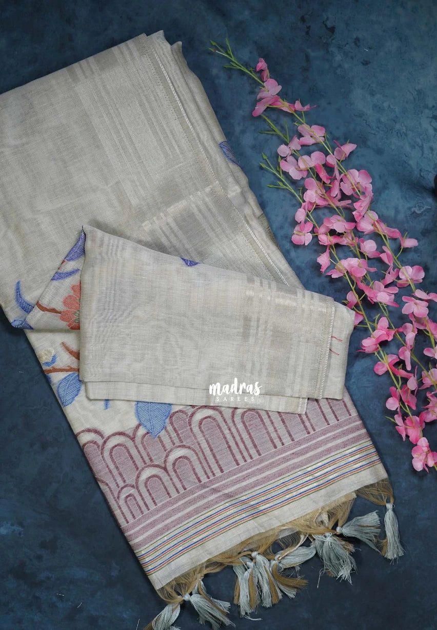 Beige Grey-D2 - Muslin Silk with Thread Weaving Pallu with Floral Buttas - Perfect for Office Wear