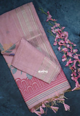 Muted Mauve Pink-D2 - Muslin Silk with Thread Weaving Pallu with Floral Buttas - Perfect for Office Wear