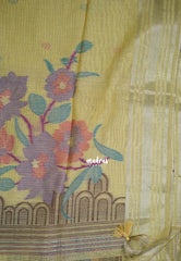 Pale Mustard-D2 - Muslin Silk with Thread Weaving Pallu with Floral Buttas - Perfect for Office Wear