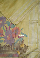 Pale Mustard-D2 - Muslin Silk with Thread Weaving Pallu with Floral Buttas - Perfect for Office Wear