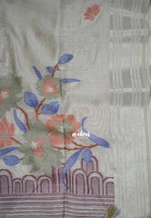 Beige Grey-D2 - Muslin Silk with Thread Weaving Pallu with Floral Buttas - Perfect for Office Wear