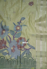 Muted Light Green-D2 - Muslin Silk with Thread Weaving Pallu with Floral Buttas - Perfect for Office Wear