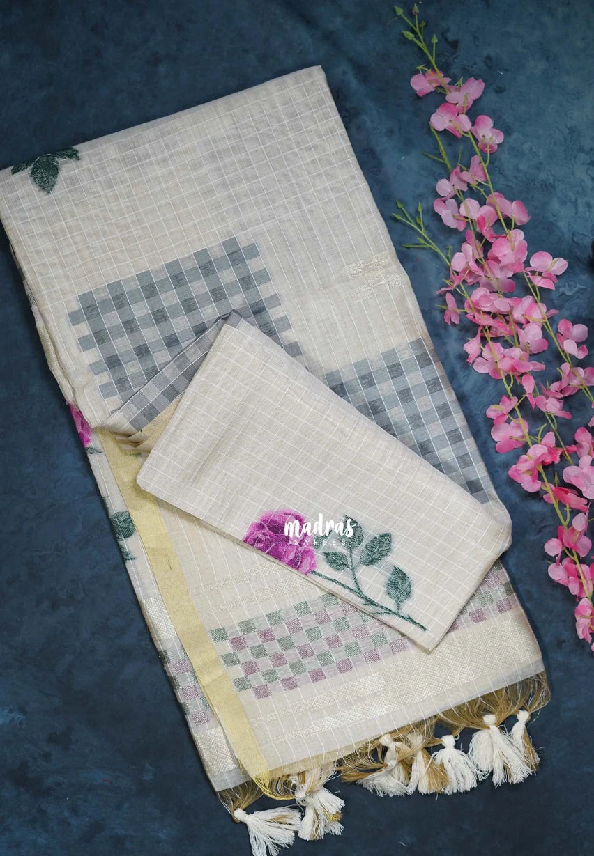 Muted Ivory Beige & Magenta Pink - Muslin Silk Checks with Thread Weaving Pallu with Rose Flower Buttas - Perfect for Office Wear
