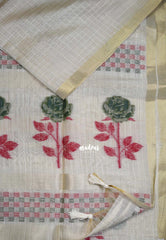 Muted Ivory Beige & Green - Muslin Silk Checks with Thread Weaving Pallu with Rose Flower Buttas - Perfect for Office Wear