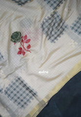 Muted Ivory Beige & Green - Muslin Silk Checks with Thread Weaving Pallu with Rose Flower Buttas - Perfect for Office Wear
