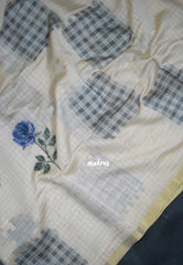 Muted Ivory Beige & Blue - Muslin Silk Checks with Thread Weaving Pallu with Rose Flower Buttas - Perfect for Office Wear