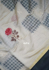 Muted Ivory Beige & Red - Muslin Silk Checks with Thread Weaving Pallu with Rose Flower Buttas - Perfect for Office Wear