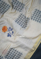 Muted Ivory Beige & Orange - Muslin Silk Checks with Thread Weaving Pallu with Rose Flower Buttas - Perfect for Office Wear