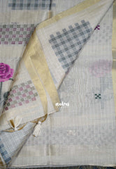 Muted Ivory Beige & Magenta Pink - Muslin Silk Checks with Thread Weaving Pallu with Rose Flower Buttas - Perfect for Office Wear