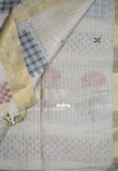 Muted Ivory Beige & Red - Muslin Silk Checks with Thread Weaving Pallu with Rose Flower Buttas - Perfect for Office Wear