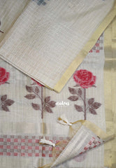 Muted Ivory Beige & Red - Muslin Silk Checks with Thread Weaving Pallu with Rose Flower Buttas - Perfect for Office Wear