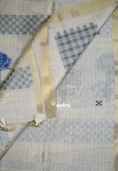 Muted Ivory Beige & Blue - Muslin Silk Checks with Thread Weaving Pallu with Rose Flower Buttas - Perfect for Office Wear