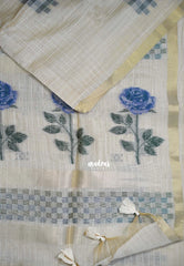 Muted Ivory Beige & Blue - Muslin Silk Checks with Thread Weaving Pallu with Rose Flower Buttas - Perfect for Office Wear