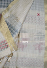 Muted Ivory Beige & Green - Muslin Silk Checks with Thread Weaving Pallu with Rose Flower Buttas - Perfect for Office Wear