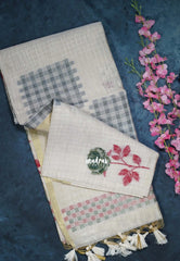 Muted Ivory Beige & Green - Muslin Silk Checks with Thread Weaving Pallu with Rose Flower Buttas - Perfect for Office Wear