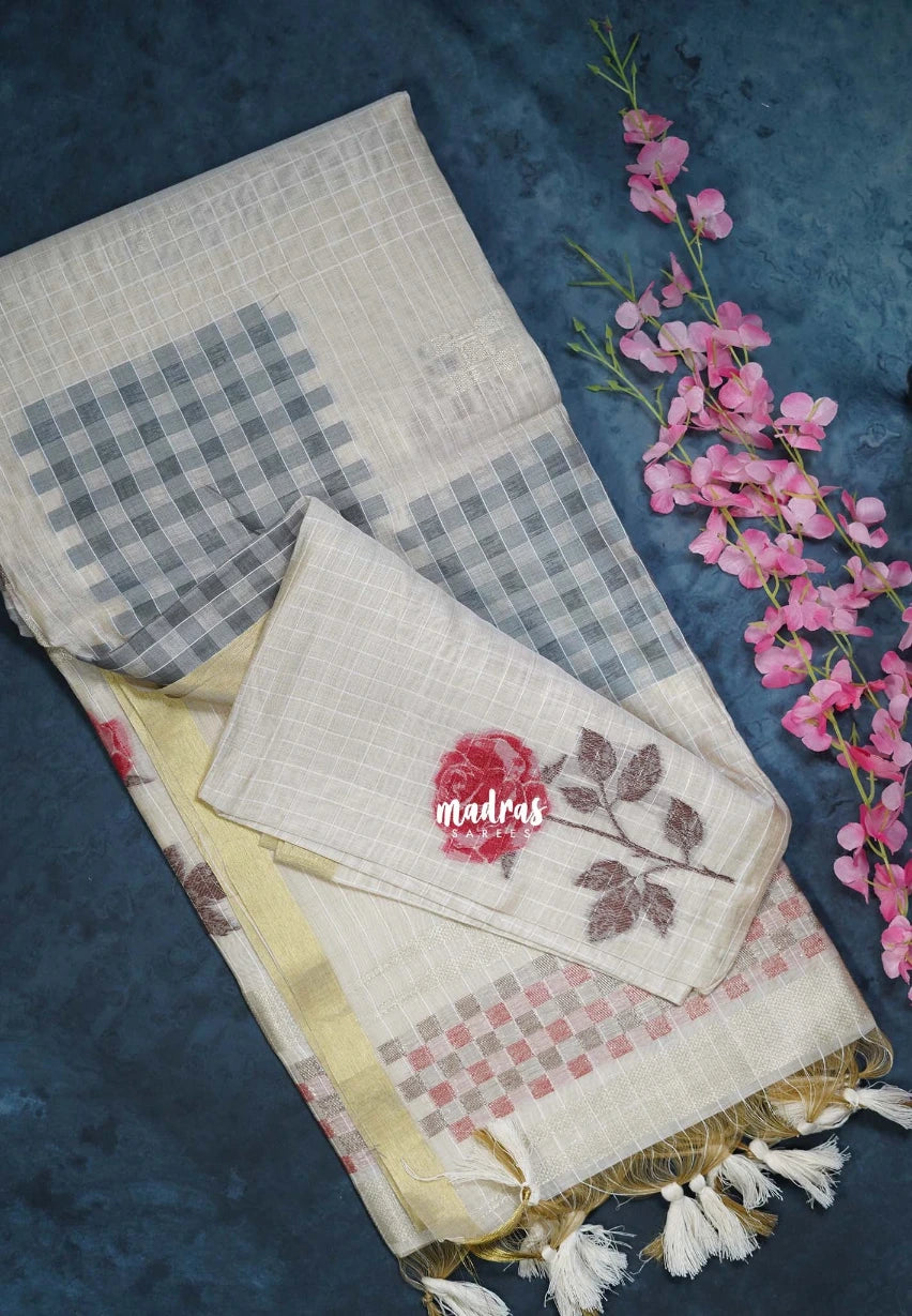 Muted Ivory Beige & Red - Muslin Silk Checks with Thread Weaving Pallu with Rose Flower Buttas - Perfect for Office Wear