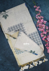 Muted Ivory Beige & Blue - Muslin Silk Checks with Thread Weaving Pallu with Rose Flower Buttas - Perfect for Office Wear