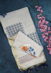 Muted Ivory Beige & Orange - Muslin Silk Checks with Thread Weaving Pallu with Rose Flower Buttas - Perfect for Office Wear