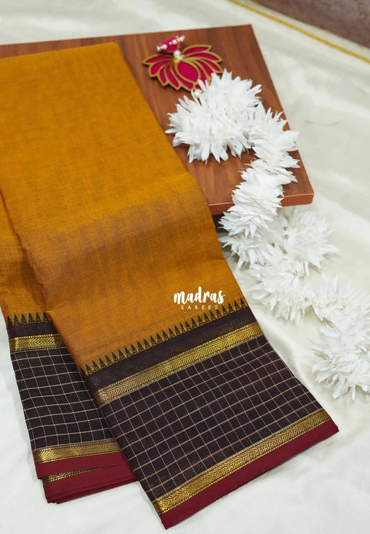 Mustard brown - Karthigai silk cotton plain body checks border
