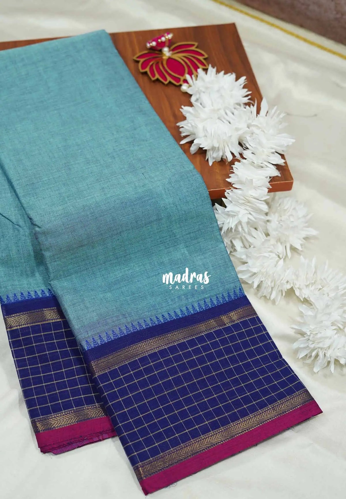 Ice blue - Karthigai silk cotton plain body checks border