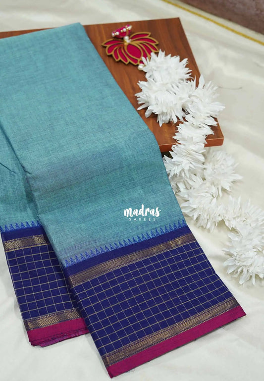 Ice blue - Karthigai silk cotton plain body checks border