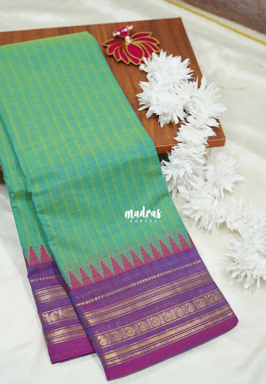Dualshade blue green - Karthigai silk cotton multi border with stripes body