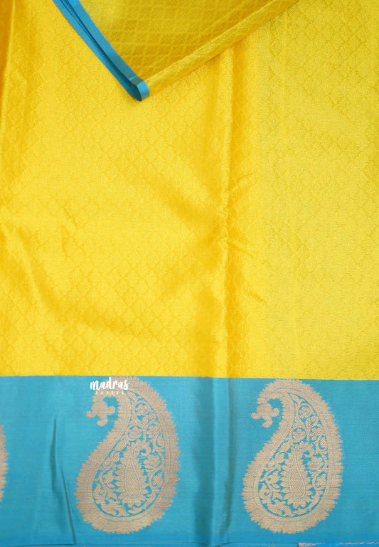 Ahaana - semi silk with emboss weaving mango border - Fresh Yellow