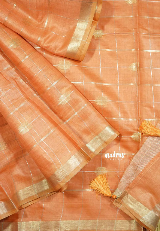 Orange- Tussar silk with gold zari weaving