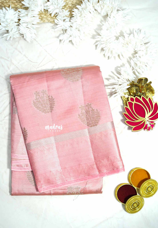 Baby pink - Raaga - Lightweight thread border Semi tussar with silver buttas