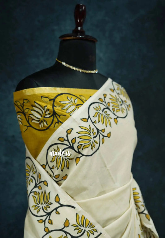 Halfwhite with golden yellow rawsilk blouse - Sowmiya - Organic Bamboo Silk Cotton with handblock print