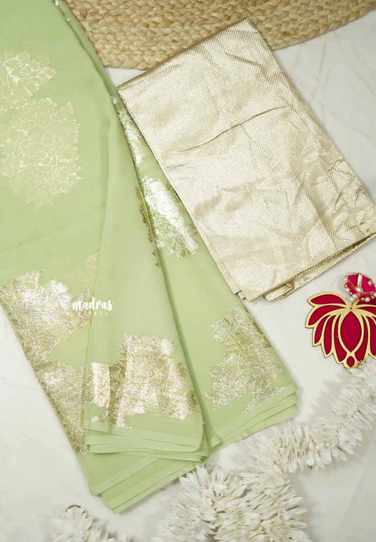 Pure Georgette with intricate foil design jacquard blouse - Pastel green