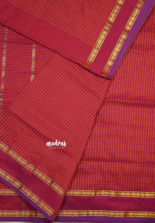 Dualshade red with purple - 10 yards Gadwal silkcotton Madisar saree