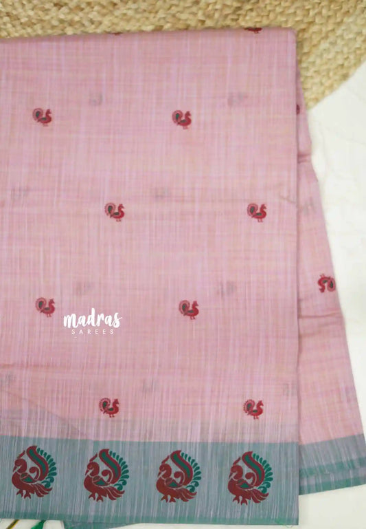 Soft Slub cotton saree dual shade onion pink color with mayil border