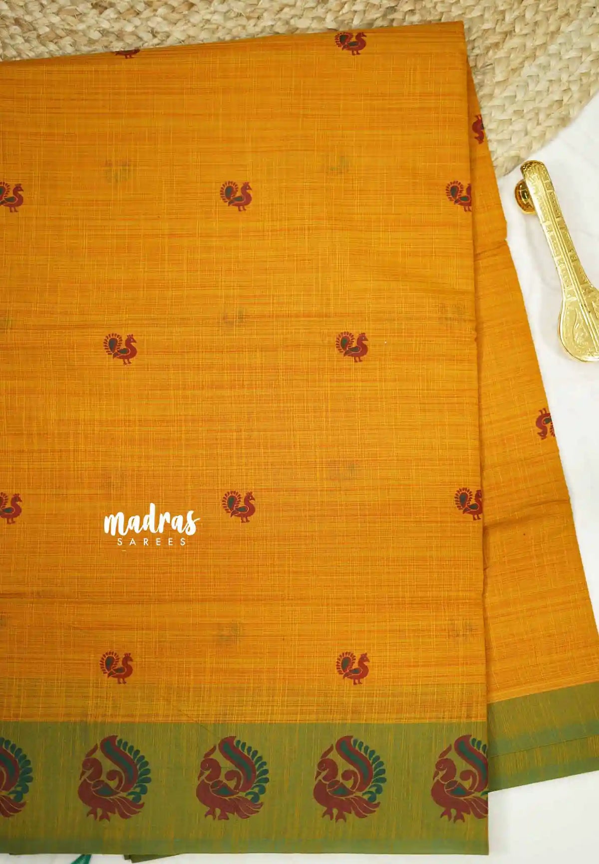 Soft Slub cotton saree dual shade Mustard yellow color with mayil border