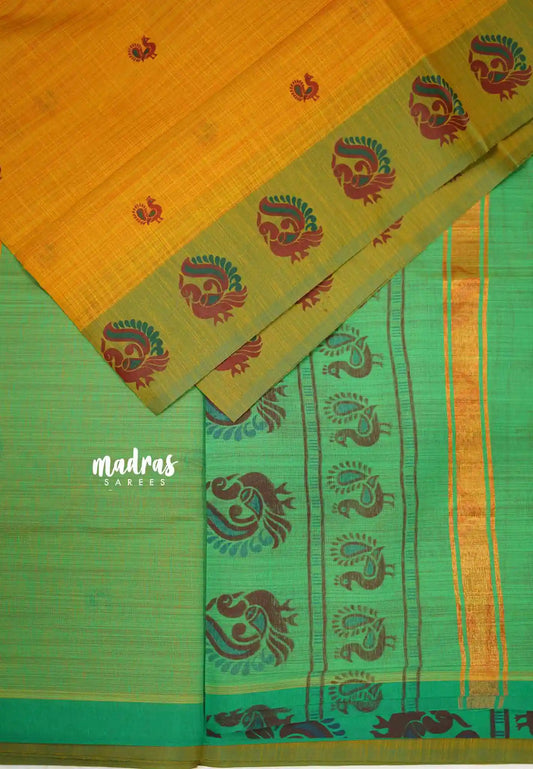 Soft Slub cotton saree dual shade Mustard yellow color with mayil border