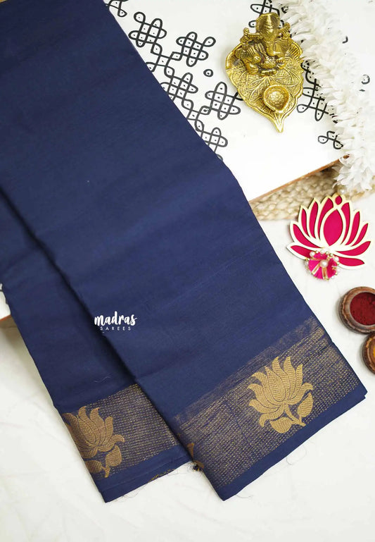 Handmade Karthigai silk cotton with divine lotus weaving border Blue - Kamalam