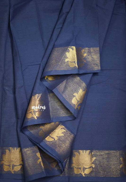 Handmade Karthigai silk cotton with divine lotus weaving border Blue - Kamalam