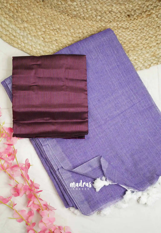 Kotravai - Plain khadi with Raw silk stripes blouse combo - Lavender