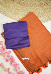 Kotravai - Plain khadi with Raw silk stripes blouse combo - Rust orange