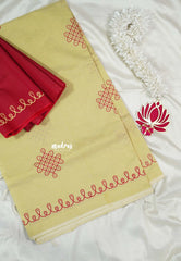 Butter yellow - Oviyam - Madras Margazhi Special Handblock kolam Printed Bamboo Cotton Double Blouse Combo
