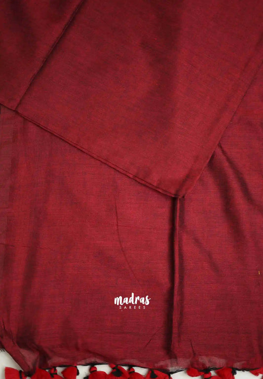 Kotravai - Plain khadi with Raw silk stripes blouse combo - Maroon red