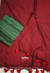 Kotravai - Plain khadi with Raw silk stripes blouse combo - Maroon red