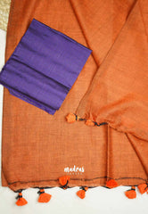 Kotravai - Plain khadi with Raw silk stripes blouse combo - Rust orange